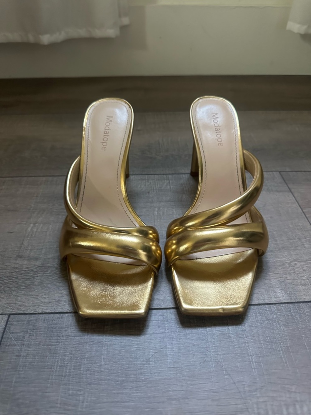 Gold Metallic Twist-Strap Heeled Mules